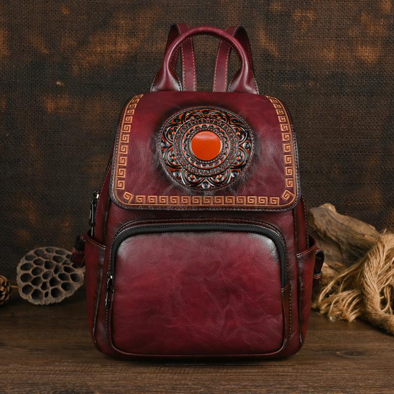 Johnature Vintage Ručně vyráběný Dámský Kožený Batoh Totemově Ražený Velká Kapacita Všestranné Cestovní Tašky