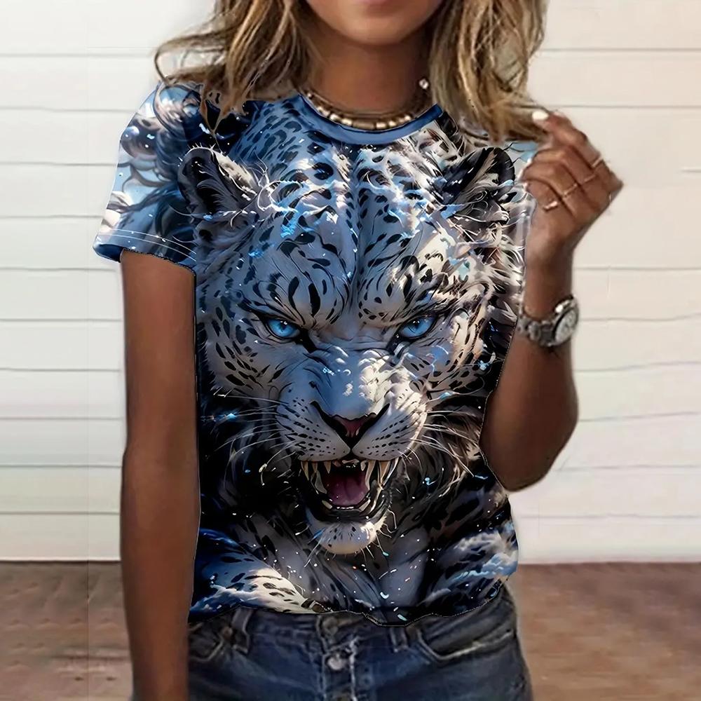 Women's Fashionable Short Sleeve T-Shirts 3d Leopard Print Top Tees Spring & Summer Breathable Women's Casual Pullovers & Blouse