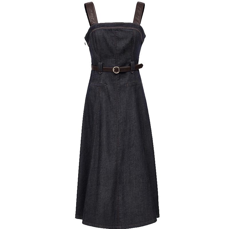 ONLY 2025 Autumn PU Patchwork Denim Midi Dress L