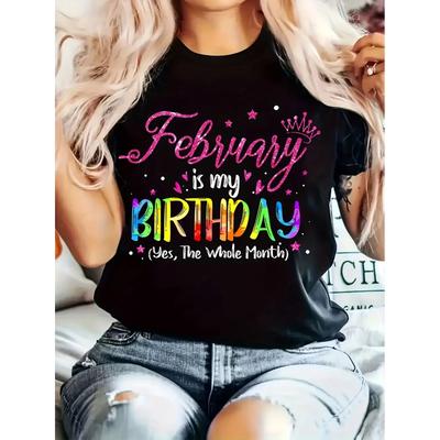 Europäische Größe Damen Geburtstag Monat Feier T-Shirt - Slogan "Es ist mein Geburtstag den ganzen Monat" mit Sternen & Herzen Aufdruck, Rundhalsausschnitt, Lässiges Outfit