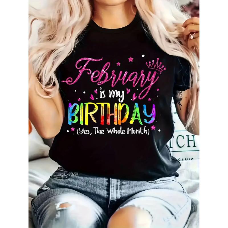 

European Size Women S Birthday Month Celebration T-Shirt- It S My Birthday All Month Slogan with Stars&Hearts Print, Round Neck,Casual Outfit 4XL