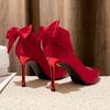Fashion Elegant Satin Bowknot High Heels Pumps for Women Sexy Pointed Toe Stiletto Heeled Red Bridal Wedding Shoes Woman White Pumps