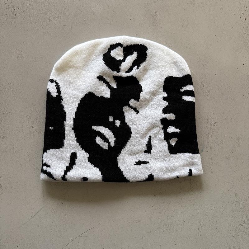 1pc Face Pattern Intarsia Beanie Hats,winter Casual windproof elastic skull Cap,Suitable for outdoor activities and daily wear
