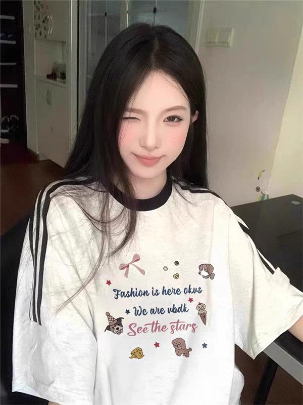 American retro three-bar gray short-sleeved t-shirt women's summer loose and lazy Guochao high street pure cotton half-sleeved top