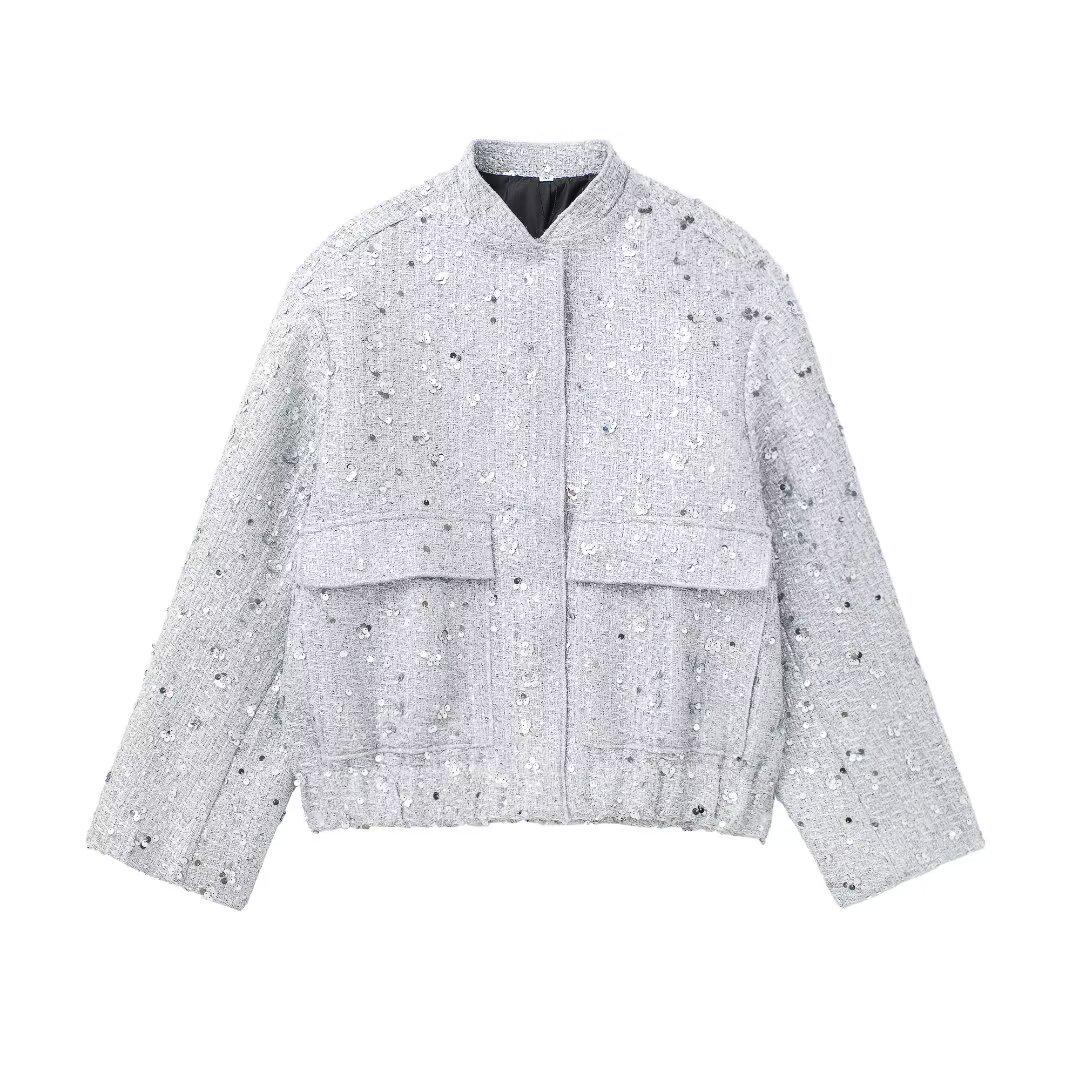 

European & American Women s Sequin Stand-up Collar Jacket - Autumn/Winter 2025 Fashion, Solid Color, Short Casual Style Large серебряный