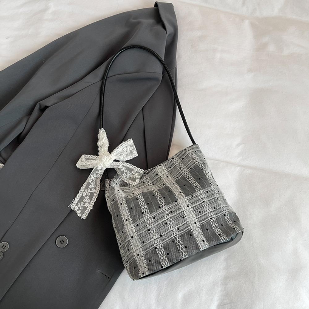Fashionable Versatile Women Handbag Korean Style Elegant Underarm Bag Decorative Silk Scarf Polka Dot Pattern Bucket Bag