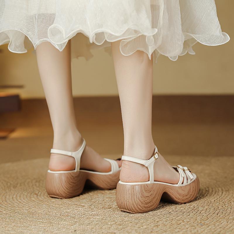 Thick-soled Slope Heel 7CM Sandals for Women with Open-toed Muffin Heel, Light and Not Tired Feet, Retro Roman Heightening Shoes for Women