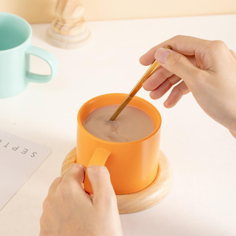 Candy Macaron Ceramic Cup, Water Cup, Coffee Cup With Oak Coaster Spoon.