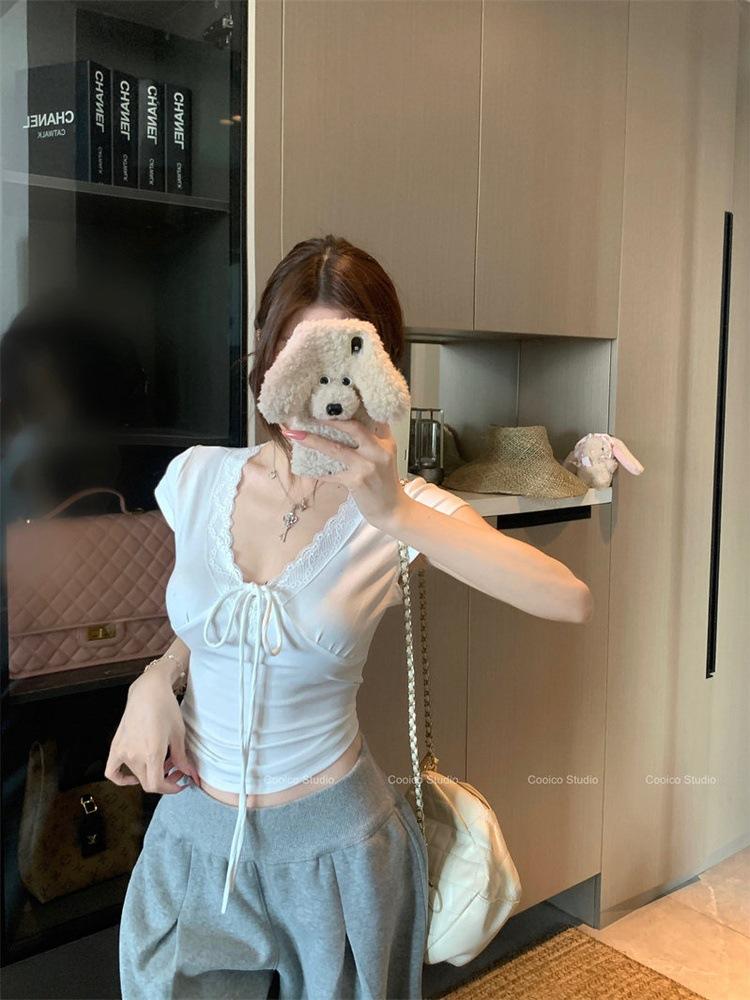 Korean Style Lace Patchwork V-neck Short Sleeve T-Shirt for Women's Summer Slimming Pure Desire Style Tied Versatile Short Top