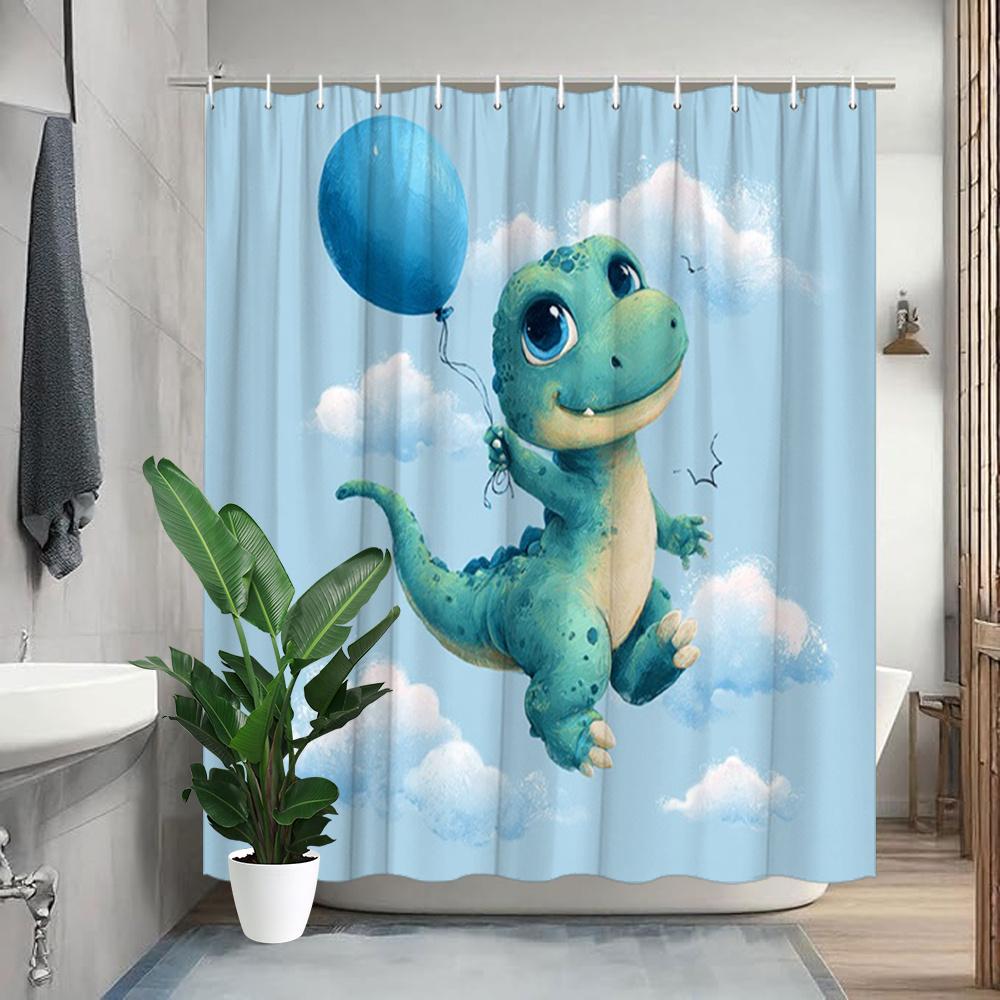 

1Pc Cute Dinosaur Shower Curtain With Blue Balloon & Clouds - Turquoise Green Dinosaur & Light Blue Sky Design, Soft Polyester W60H190(CM)-1 Pcs