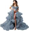 Off-Shoulder High Waist Maternity Gown with Front Slit and Puffy Tulle Skirt