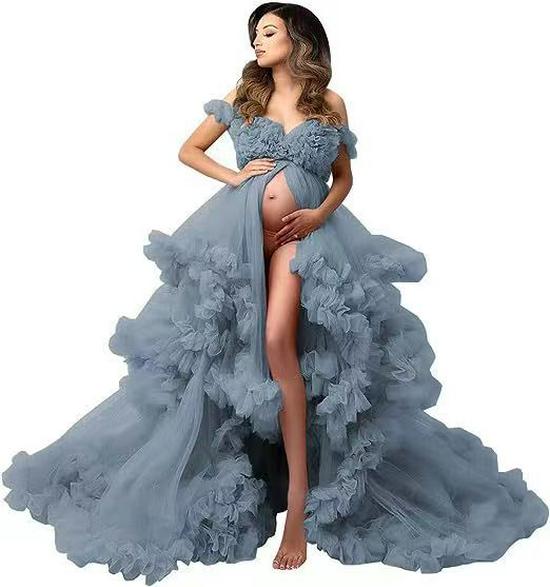 Off-Shoulder High Waist Maternity Gown with Front Slit and Puffy Tulle Skirt