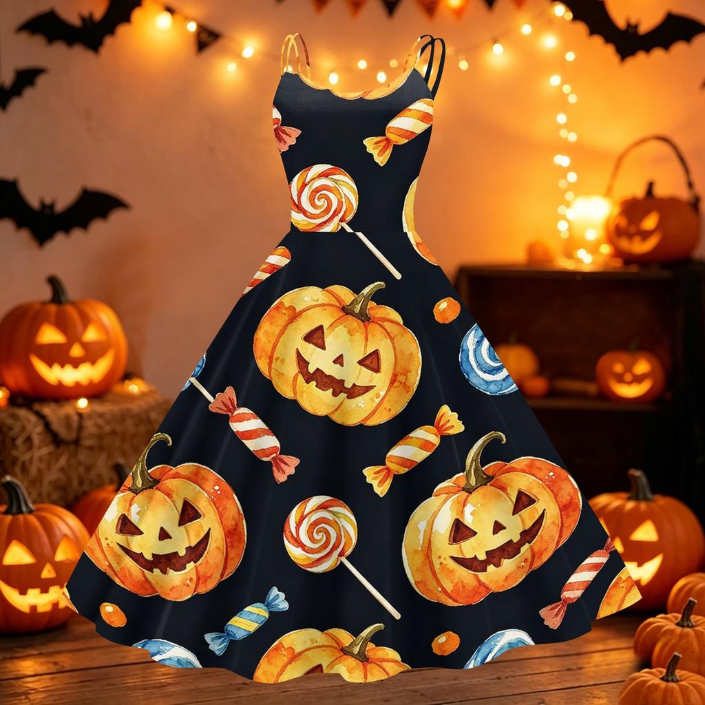 Womens Halloween Print Off Shoulder Punk Vintage Dress Sleeveless Spaghetti Strap Retro Style Midi Dress
