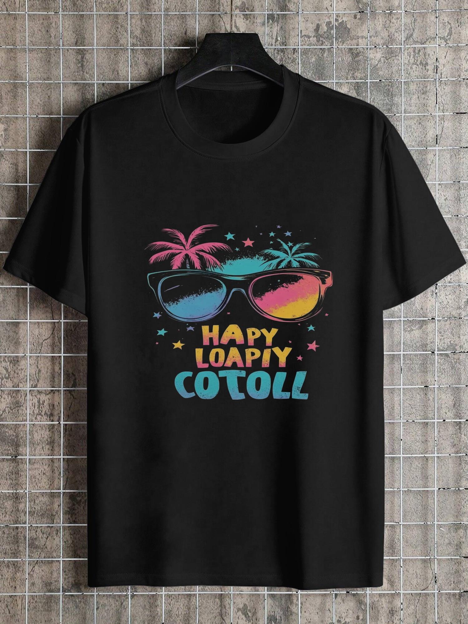 1pc Tropical Graphic T-shirt - 180g Cotton Crew Neck Short Sleeve Tee with Vibrant Palm Tree & Fashion Glasses Print XXXXL