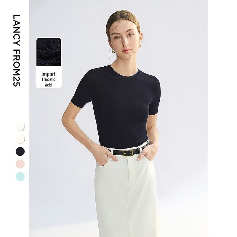 Langzi Triacetate Round Neck Knit Short Sleeve Top