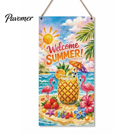 Farmhouse Wall Art Summer Wooden Hanging Sign, Welcome Sign Front Door Decor with Party Supplies Rope, Colorful Hanger for Seasonal Beach House Ready