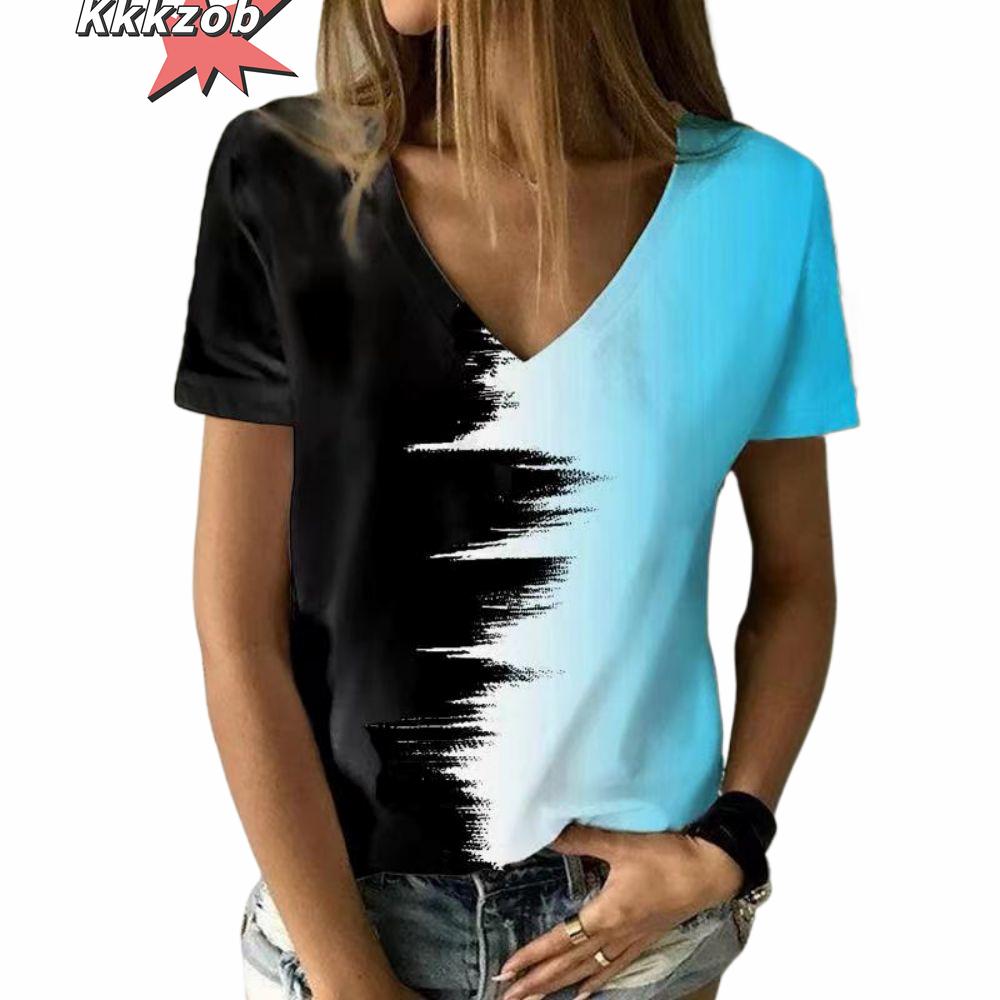 Women's T-Shirt Solid Color Gradient 3D Printing V-Neck Women's Tops Summer Women's Casual Fashion Loose Hundred Short-Sleeved