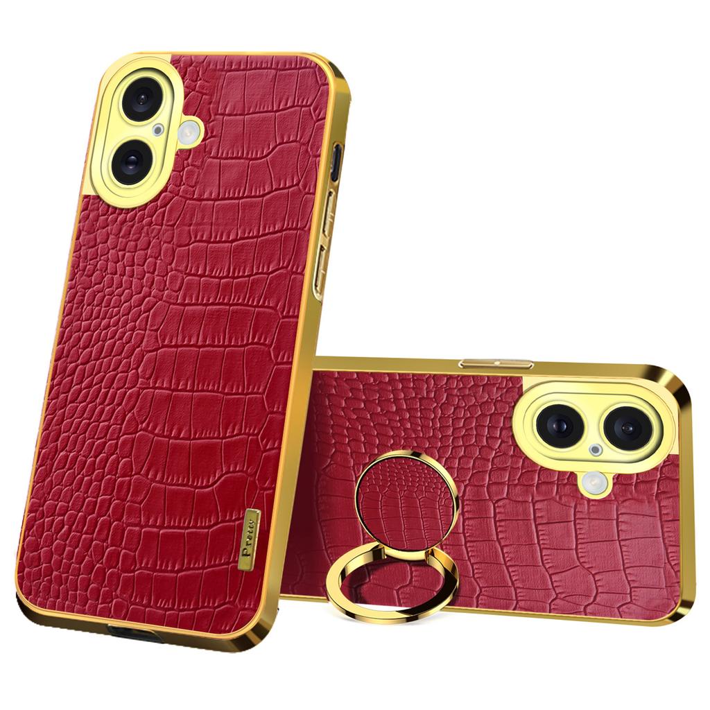 For iPhone 16 Plus Case Crocodile Texture Ring Kickstand TPU+Leather Electroplating Phone Cover
