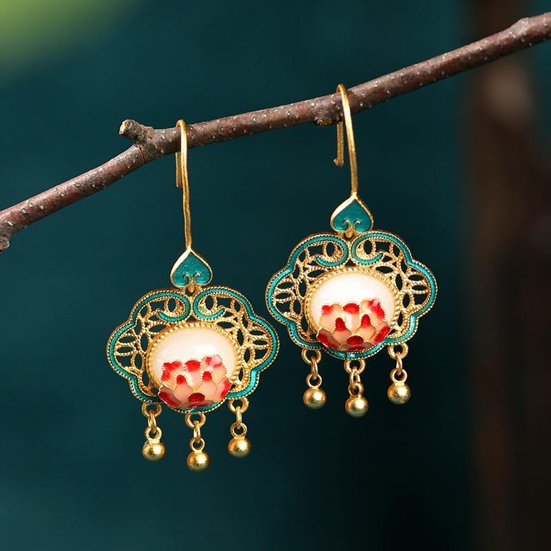 Gold Plated Imitation Jade Earrings For Women, Exquisite Long Style, Niche Design, Antique Style Jewelry Gift