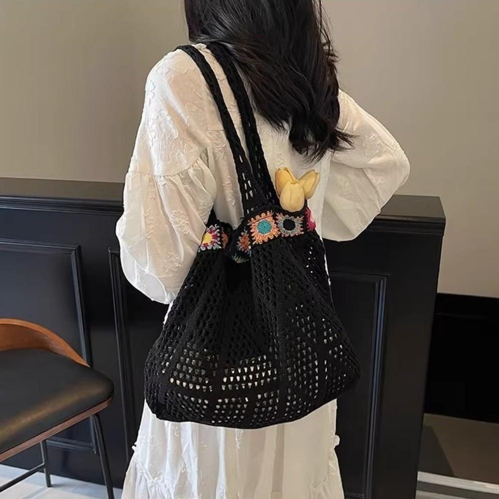 Fashion Flower Knitting Shoulder Bag Large Capacity Hollow Crochet Tote Bag Solid Color Shopping Bag Woven Handbag Female
