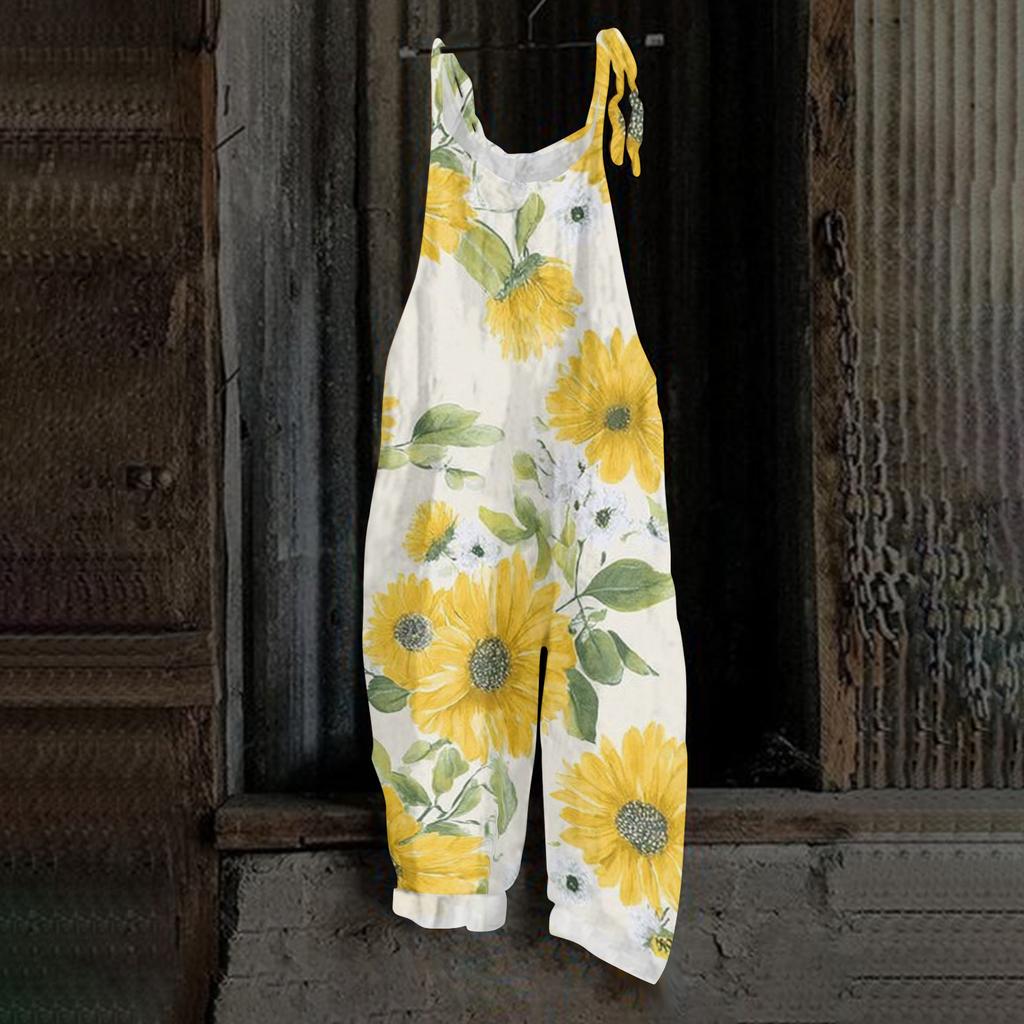 Tuta da donna stampata casual ampia vintage con spalline in cotone e lino