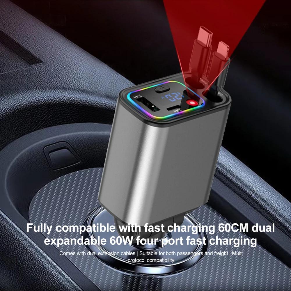 4 In 1 Phone Charger 60W Max with Retractable Cable PD18W+2.4A Voltage Display Super Fast Charging 22.5W for iPhone & Android