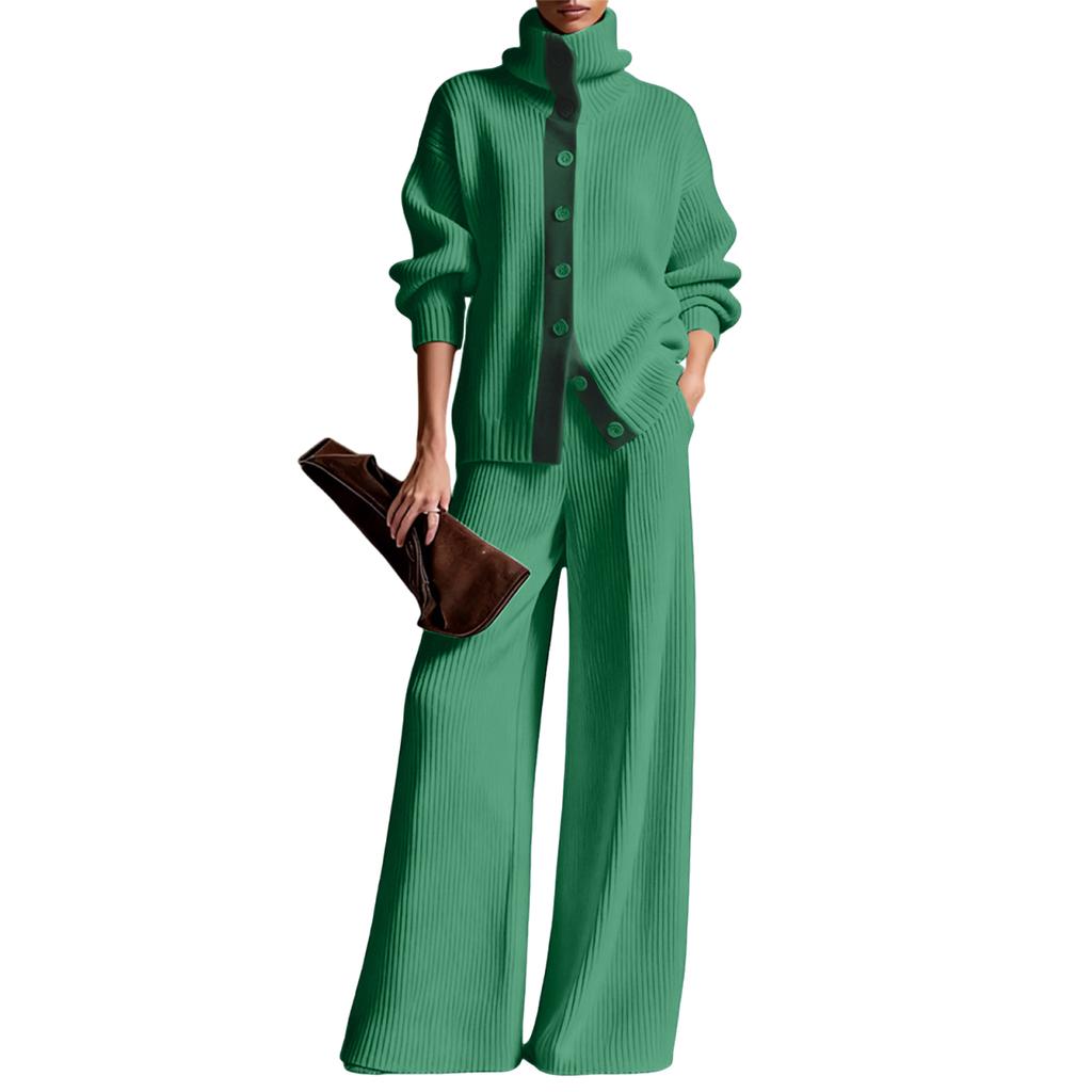 Women's High-Neck Color Cardigan Long-Sleeved Top And Wide-Leg Pants Knit Two-Piece Set