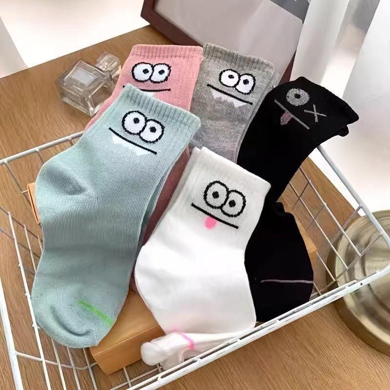 5 Pairs Cute Expression Print Socks, Comfy & Funny All-match Mid Tube Socks, Women's Stockings & Hosiery