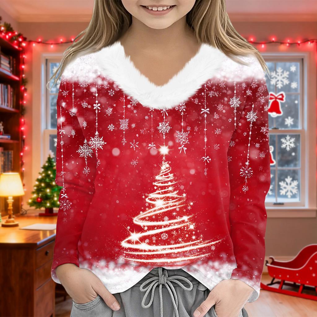 Christmas Day Girls Long Sleeve T Shirts Kids  Girls' V-Neck Tee Christmas Print Long Sleeve Top