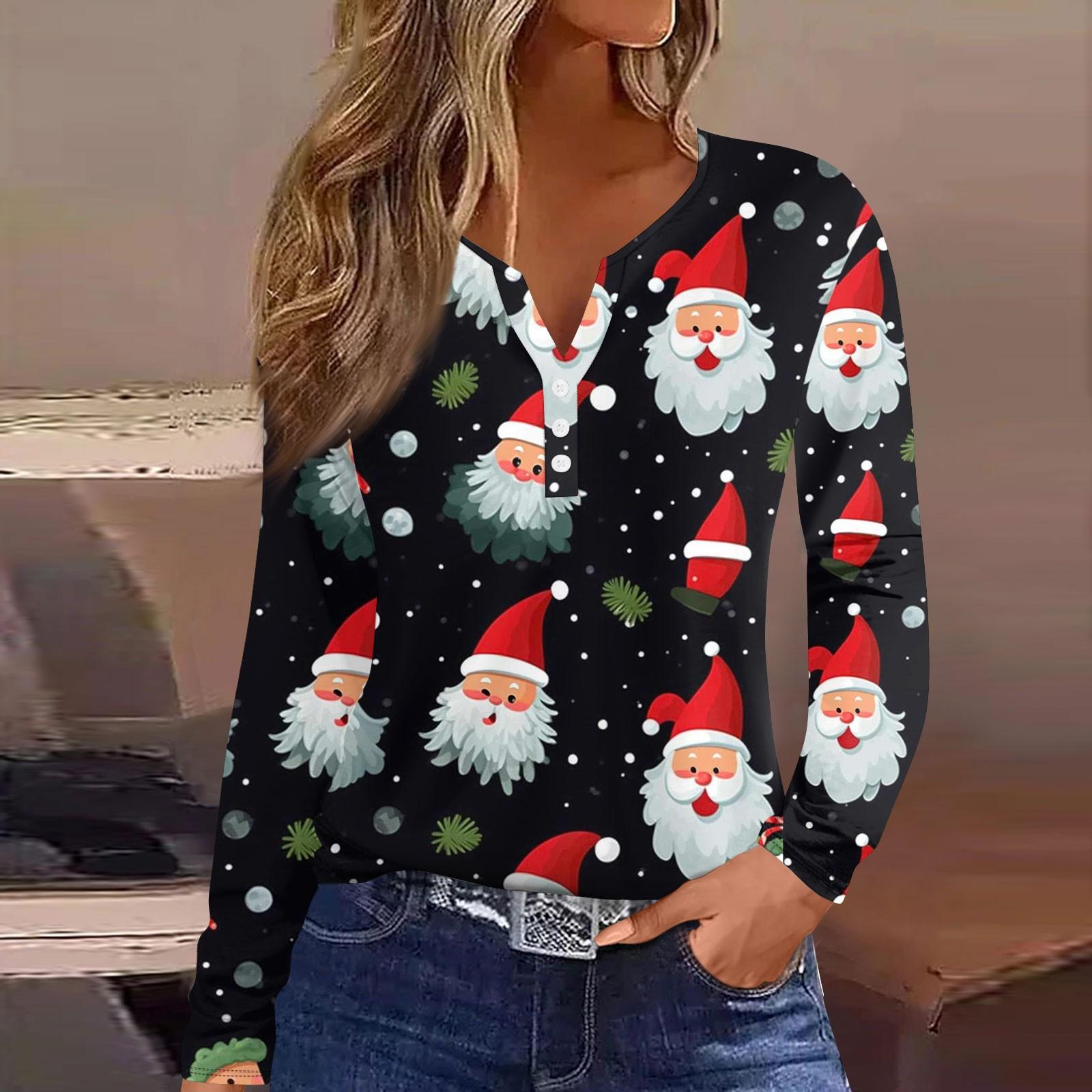 

Женская модная повседневная футболка с длинным рукавом и V-образным вырезом на рождественском принте на пуговицах XL чёрный