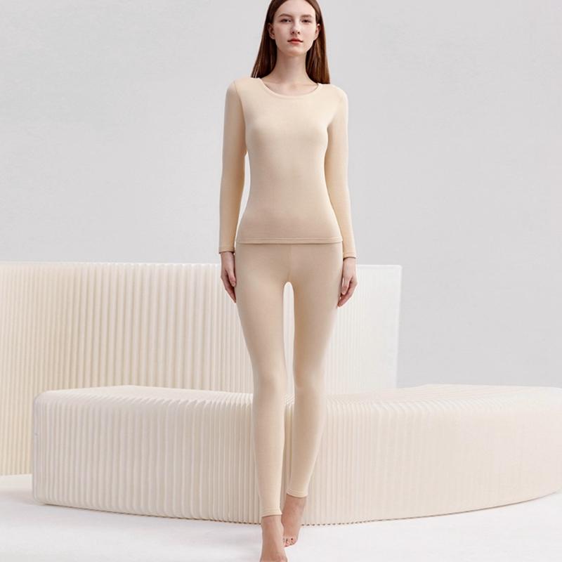 Women Autumn and Winter Solid Color Crew Neck Thermal Underwear Set
