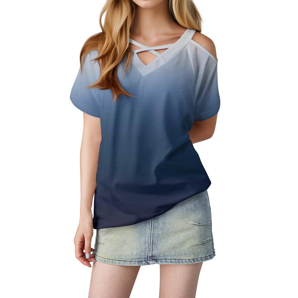 Tricou cu mânecă scurtă, cu decolteu în V, ocazional, cu imprimeu în gradient, pentru femei