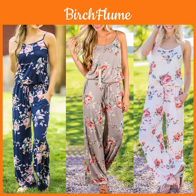 Women Summer Floral Long Wide Leg Pants Strappy Casual Beach Jumpsuit Us Romper