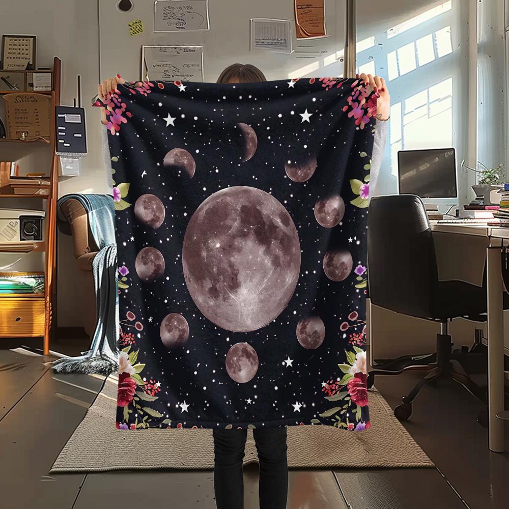 1Pc Floral Moon Print Flannel Blanket, High Quality Comfortable for All Seasons, Home Decor, Warmth and Comfort, Perfect for Gifts