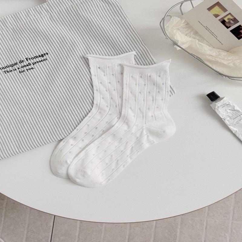 Women's Ballet-Style Mid-Calf Socks, Thin Hollow Mesh, Slouchy Korean JK Style, White Summer Socks