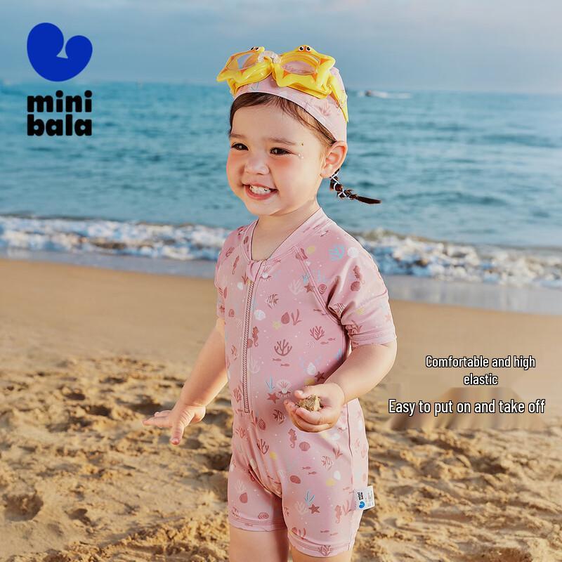 Mini Balabala UPF50+ Kids Short-Sleeve One-Piece Swimsuit with Cap