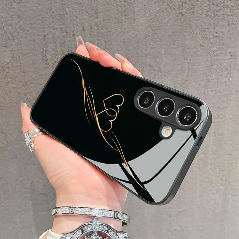 Goldenes herzförmiges Muster Glas Handyhülle geeignet für Samsung Galaxy S26 S25 S24 S23 S22 S20 FE Ultra Plus5G Anti-Drop