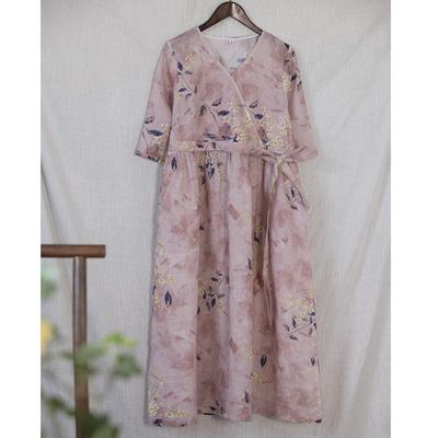 Rochie de Vară pentru Femei cu Imprimeu, Gât în V, Mâneci Scurte din In, Stil Vintage Chinezesc, Rochie Casual