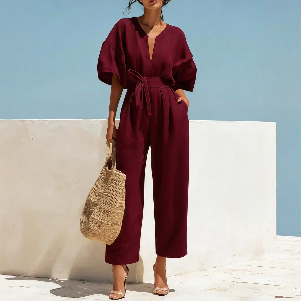 Women’s V Neck Short Sleeve Jumpsuit with Adjustable Waist Tie Loose Fit Wide Leg Romper Casual Wear