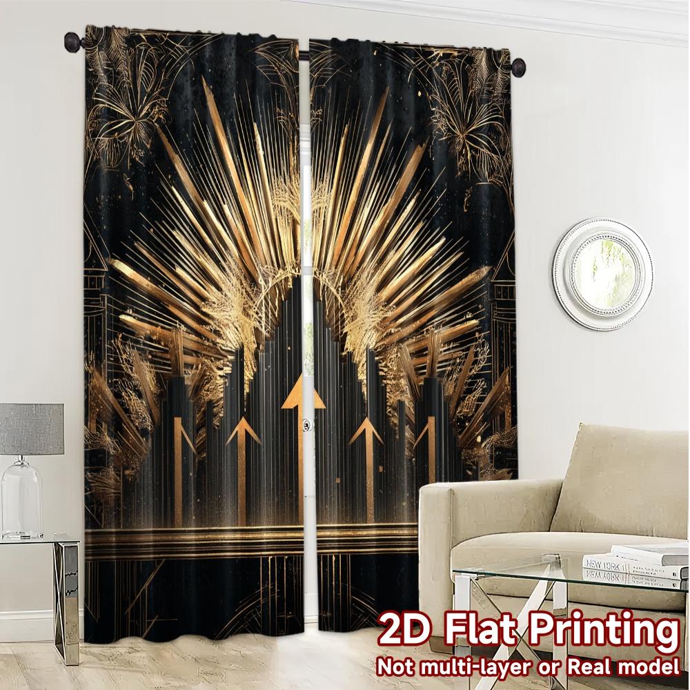 Set aus 2 modernen flachen Druckvorhängen ohne Stange Goldener Glanz Druck Polyester Einfach zu installieren Art Deco Vorhang Hergestellt