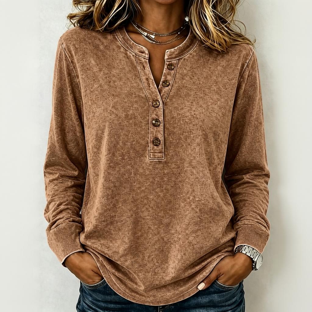 Camicia da Donna Retro a Maniche Lunghe Scollo a V Bottoni Vestibilità Larga Usurata Top