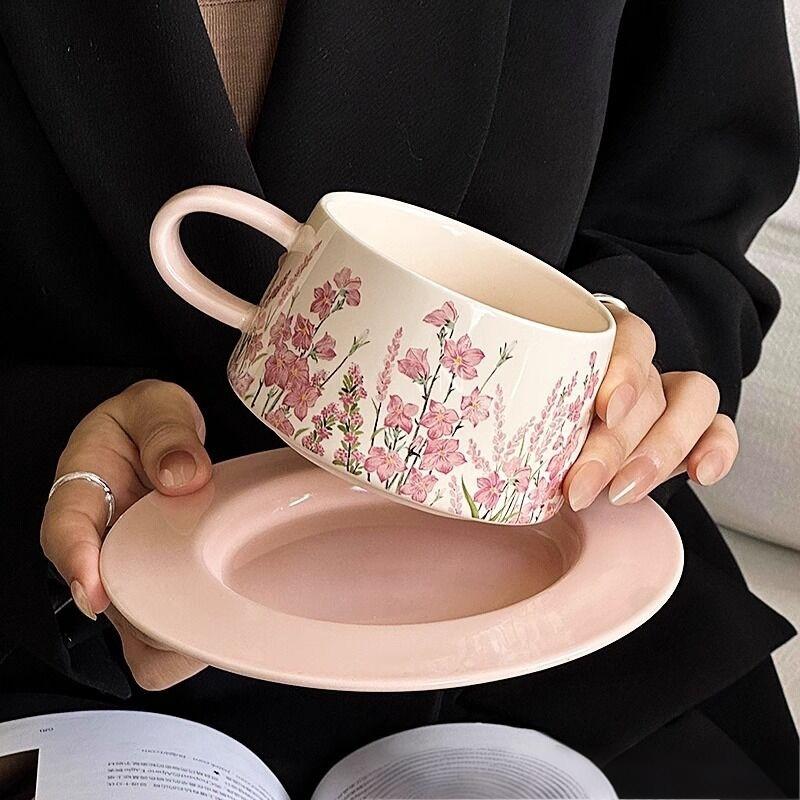 French Retro Pink Ceramic Coffee Cup and Saucer Set, Afternoon Tea Flower Tea Cup, Exquisite High-end Ceramic Cup" }undefined