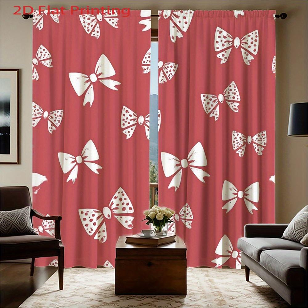 2pcs, 2D Flat Printing Curtains Red Background with White Bowknots Pattern for Amazon US, Rod Pocket Velvet Fabric Wind