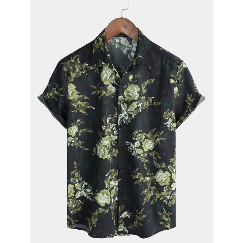 Retro floral print short sleeved shirt for men's casual lapel single breasted shirt 3D printed polyester short sleeved shirt