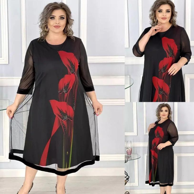 European & American Print, Fashionable Loose Plus-Size Women's Dress