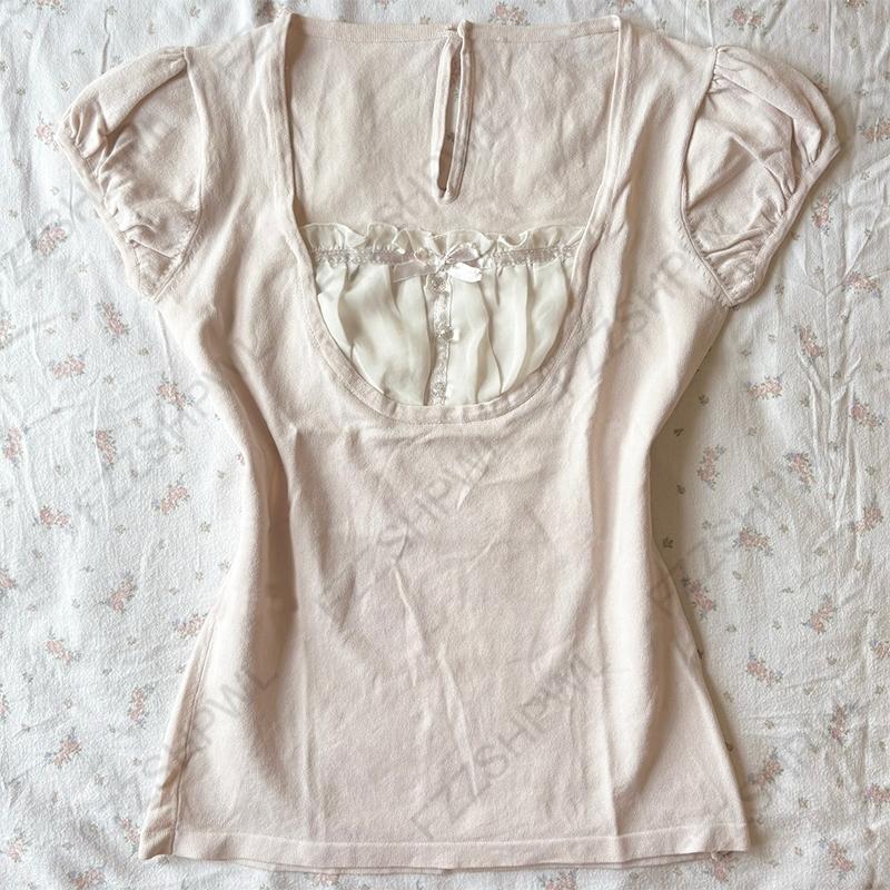 TrendHub Gothic Harajuku Y2K Women's Crop Top Casual Slim Fit Striped Lace Bow Button Design Short Sleeve T-Shirt Chic Trendy Streetwear