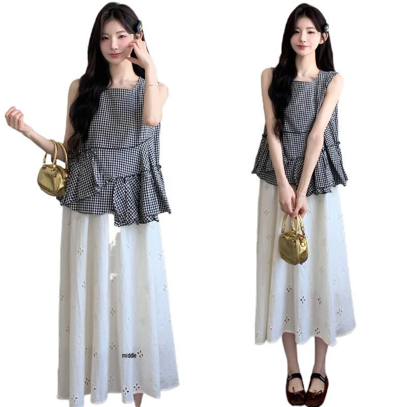 2026 Summer Plaid Sleeveless Maternity Top & Apricot Hollow-Out Skirt Set