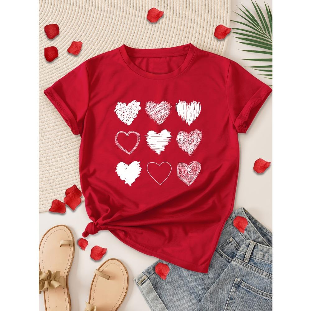 

Women Cotton Short Sleeves T-shirts Doodle Hearts Women s Tee Valentine s Day Graphic Casual Love Top S