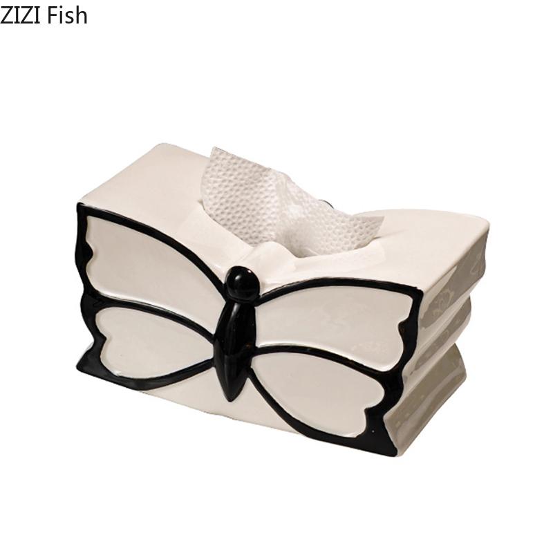 Black and White Butterfly Decorative Tissue Box Coffee Table Desk Decoration Ceramic Tissue Box Bedside Table Paper Towel Case
