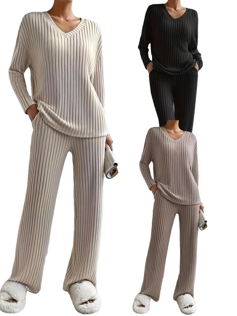 Large Ribbed V-neck Long Sleeve Women's Pant Suit Casual Two-Piece Set - 2025 Autumn/Winter Collection